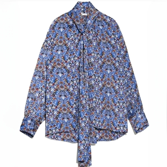 🇪🇦 Zara Blue Floral Paisley Long Sleeve Satin Blouse with Bow - Picture 16 of 16